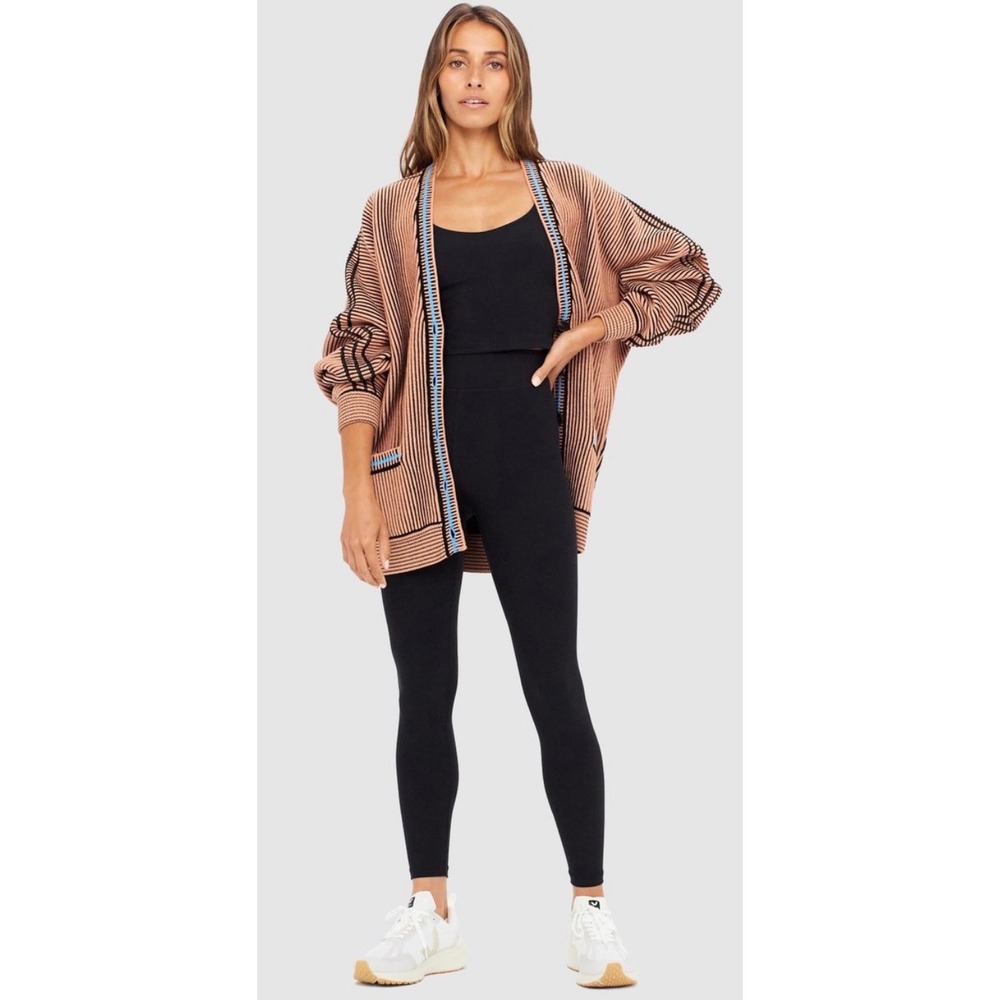 The Upside Nirvana Hannah Ribbed Knit Cardigan Size XS Tan Black Blue